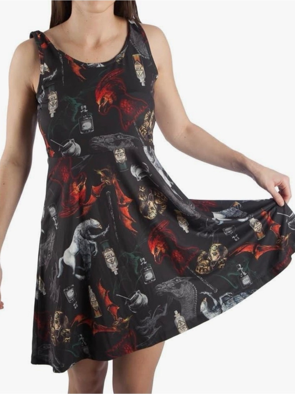 EUC Harry Potter Artwork Black Printed Skater Fan Dress Size Medium M